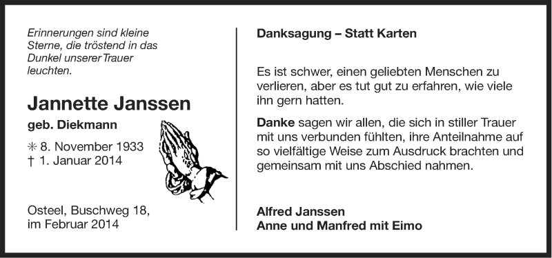  Traueranzeige für Jannette Janssen vom 15.02.2014 aus Ostfriesischer Kurier