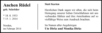 Traueranzeige von Anchen Rüdel von Ostfriesischer Kurier