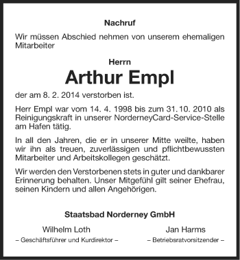 Traueranzeige von Arthur Empl von Ostfriesischer Kurier