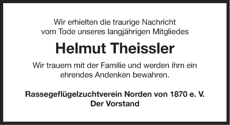  Traueranzeige für Helmut Theissler vom 18.02.2014 aus Ostfriesischer Kurier