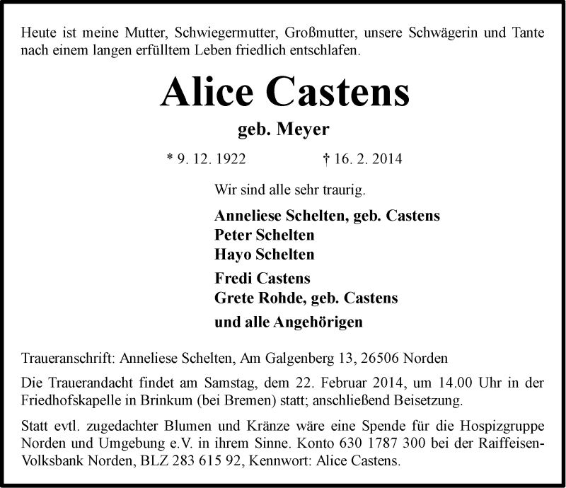  Traueranzeige für Alice Castens vom 18.02.2014 aus Ostfriesischer Kurier