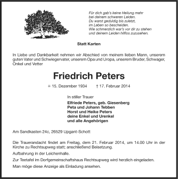 Traueranzeige von Friedrich Peters von Ostfriesischer Kurier