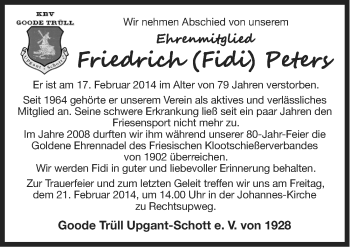 Traueranzeige von Friedrich Peters von Ostfriesischer Kurier