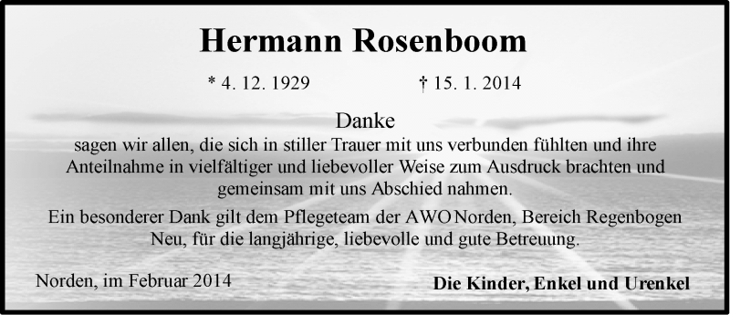  Traueranzeige für Hermann Rosenboom vom 22.02.2014 aus Ostfriesischer Kurier