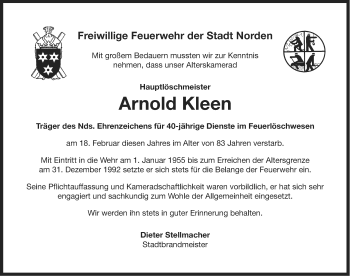 Traueranzeige von Arnold Kleen von Ostfriesischer Kurier
