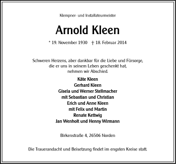 Traueranzeige von Arnold Kleen von Ostfriesischer Kurier