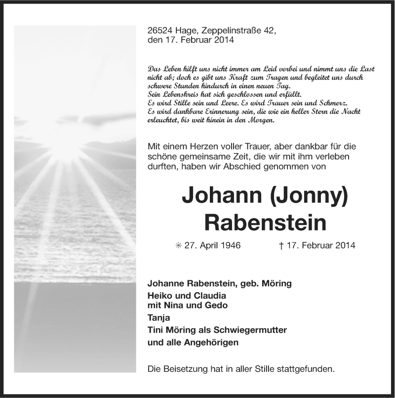  Traueranzeige für Johann Rabenstein vom 22.02.2014 aus Ostfriesischer Kurier