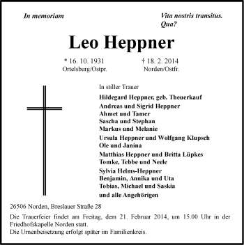 Traueranzeige von Leo Heppner von Ostfriesischer Kurier