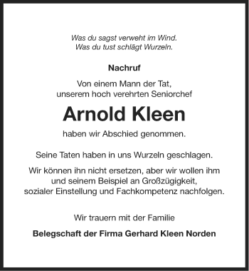 Traueranzeige von Arnold Kleen von Ostfriesischer Kurier