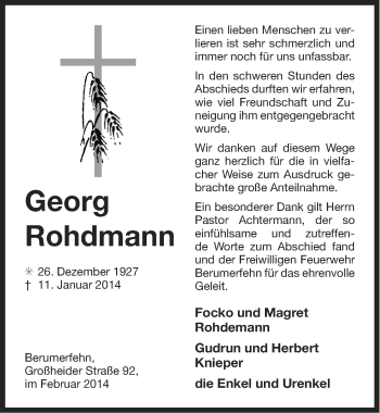 Traueranzeige von Georg Rohdmann von Ostfriesischer Kurier