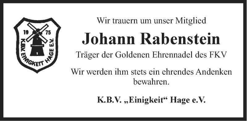  Traueranzeige für Johann Rabenstein vom 22.02.2014 aus Ostfriesischer Kurier