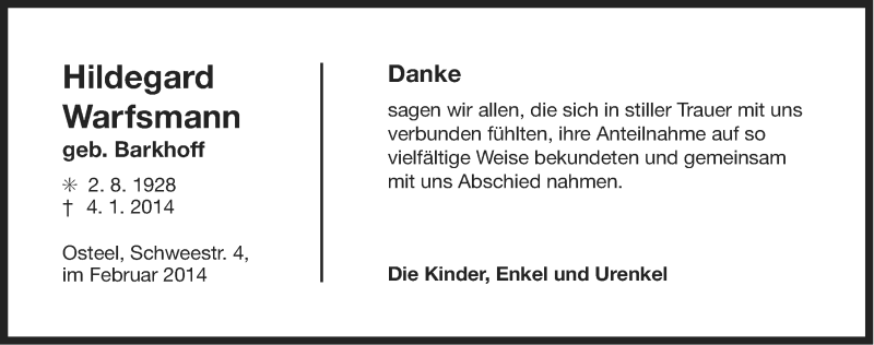  Traueranzeige für Hildegard Warfsmann vom 22.02.2014 aus Ostfriesischer Kurier