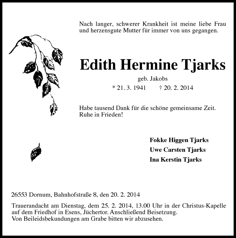  Traueranzeige für Edith Hermine Tjarks vom 21.02.2014 aus Ostfriesischer Kurier