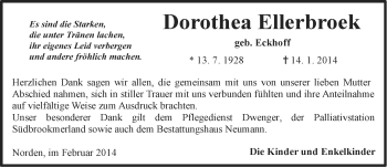 Traueranzeige von Dorothea Ellerbroek von Ostfriesischer Kurier