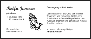 Traueranzeige von Rolfa Janssen von Ostfriesischer Kurier