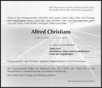 Traueranzeige von Alfred Christians von Ostfriesischer Kurier