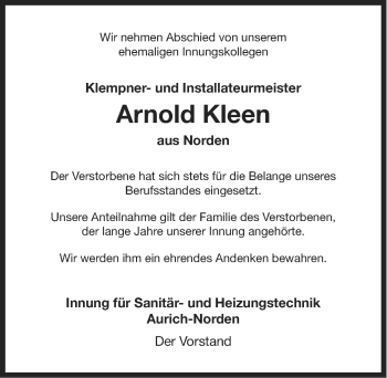 Traueranzeige von Arnold Kleen von Ostfriesischer Kurier