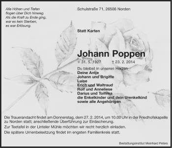 Traueranzeige von Johann Poppen von Ostfriesischer Kurier
