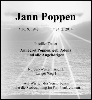 Traueranzeige von Jann Poppen von Ostfriesischer Kurier