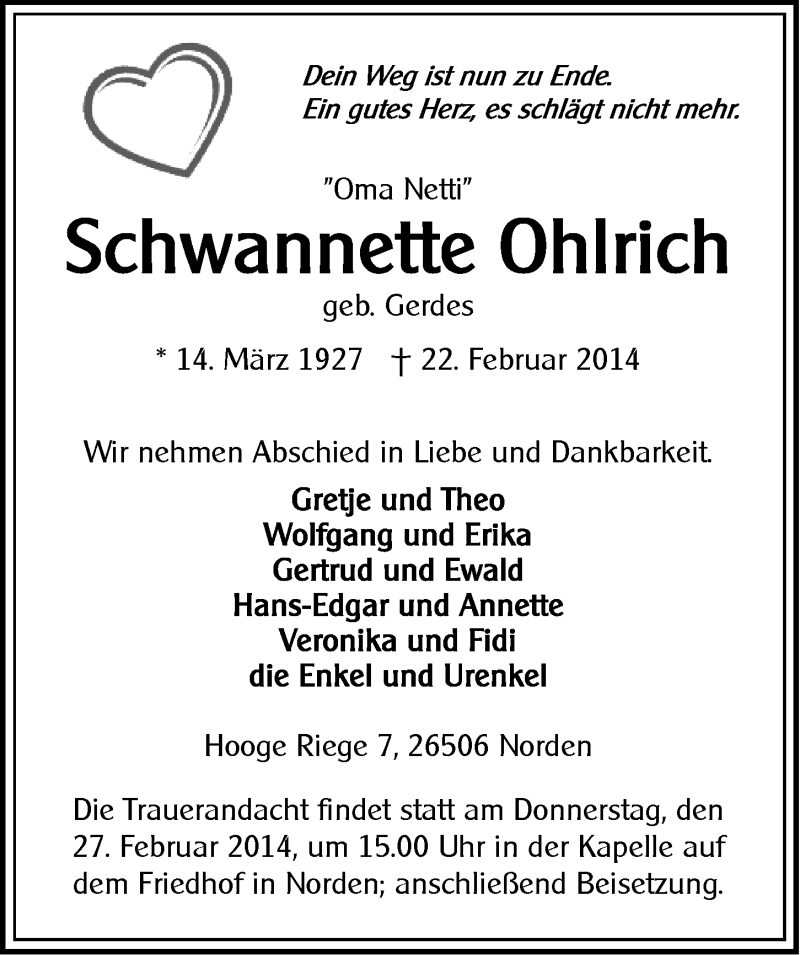  Traueranzeige für Schwannette Ohlrich vom 25.02.2014 aus Ostfriesischer Kurier