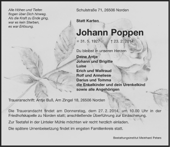 Traueranzeige von Johann Poppen von Ostfriesischer Kurier