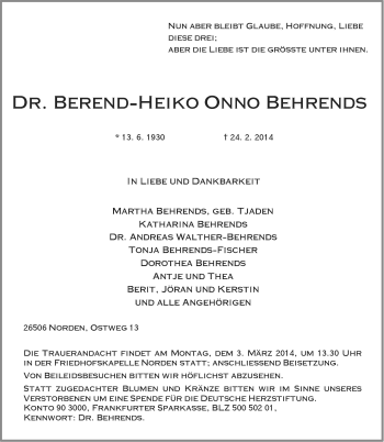 Traueranzeige von Berend-Heiko Onno Behrends von Ostfriesischer Kurier