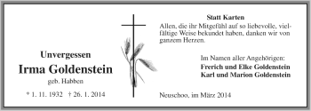 Traueranzeige von Irma Goldenstein von Ostfriesischer Kurier