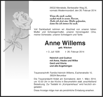 Traueranzeige von Anne Willems von Ostfriesischer Kurier