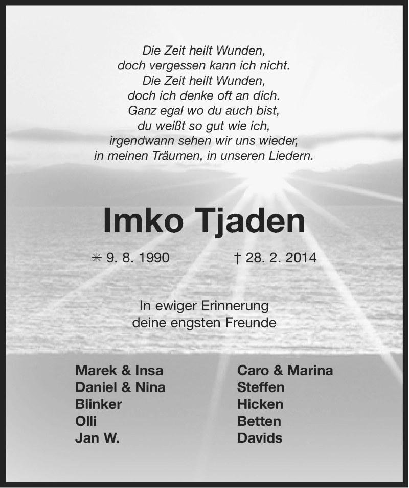  Traueranzeige für Imko Tjaden vom 04.03.2014 aus Ostfriesischer Kurier