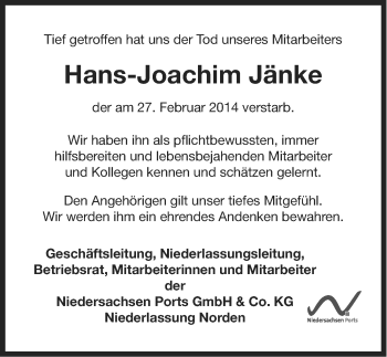 Traueranzeige von Hans-Joachim Jänke von Ostfriesischer Kurier