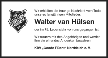Traueranzeige von Walter van Hülsen von Ostfriesischer Kurier