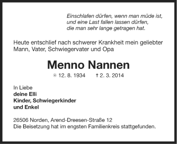 Traueranzeige von Menno Nannen von Ostfriesischer Kurier