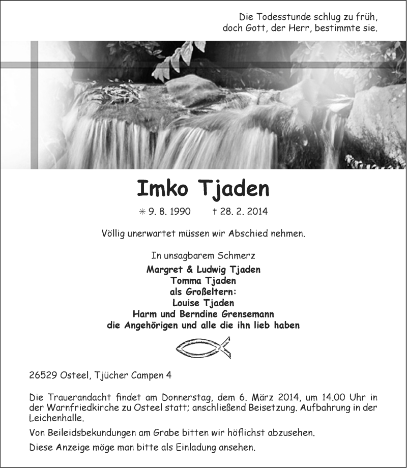  Traueranzeige für Imko Tjaden vom 04.03.2014 aus Ostfriesischer Kurier