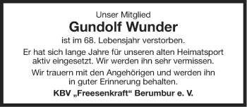 Traueranzeige von Gundolf Wunder von Ostfriesischer Kurier