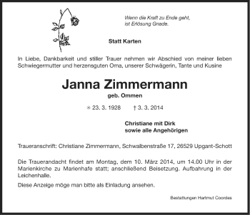 Traueranzeige von Janna Zimmermann von Ostfriesischer Kurier