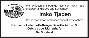 Traueranzeige von Imko Tjaden von Ostfriesischer Kurier