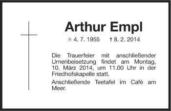 Traueranzeige von Arthur Empl von Ostfriesischer Kurier