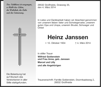 Traueranzeige von Heinz Janssen von Ostfriesischer Kurier