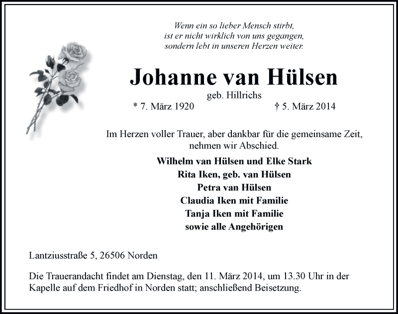  Traueranzeige für Johanne van Hülsen vom 07.03.2014 aus Ostfriesischer Kurier
