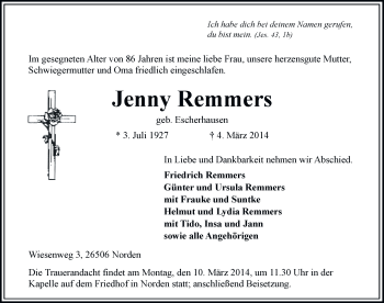 Traueranzeige von Jenny Remmers von Ostfriesischer Kurier