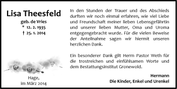Traueranzeige von Lisa Theesfeld von Ostfriesischer Kurier