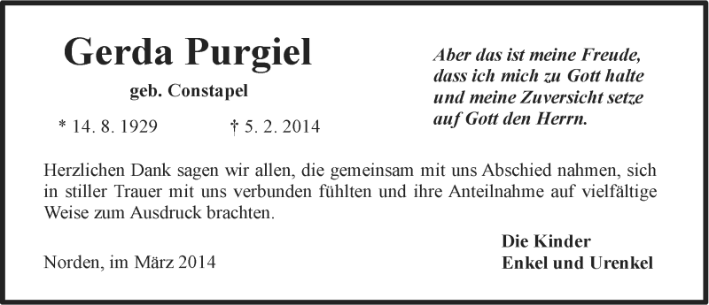  Traueranzeige für Gerda Purgiel vom 08.03.2014 aus Ostfriesischer Kurier