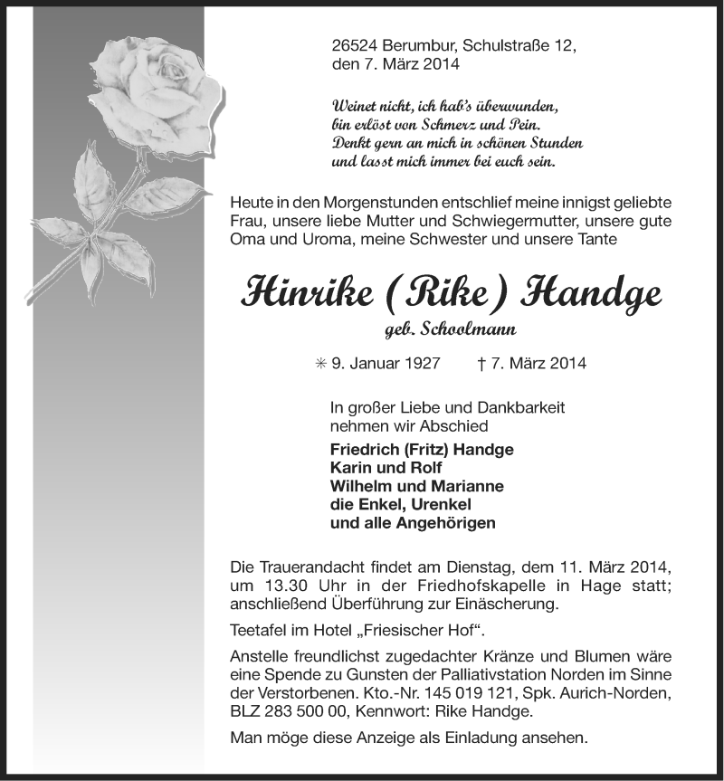  Traueranzeige für Hinrike Handge vom 08.03.2014 aus Ostfriesischer Kurier