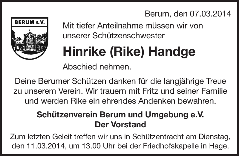  Traueranzeige für Hinrike Handge vom 10.03.2014 aus Ostfriesischer Kurier