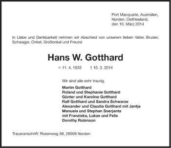 Traueranzeige von Hans Gotthard von Ostfriesischer Kurier