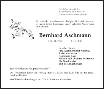 Traueranzeige von Bernhard Aschmann von Ostfriesischer Kurier