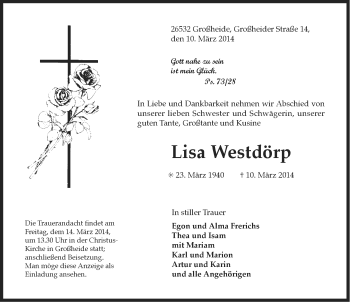 Traueranzeige von Lisa Westdörp von Ostfriesischer Kurier