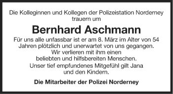 Traueranzeige von Bernhard Aschmann von Ostfriesischer Kurier