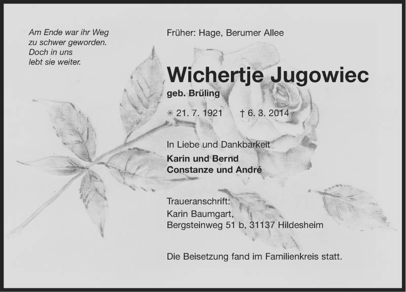  Traueranzeige für Wichertje Jugowiec vom 15.03.2014 aus Ostfriesischer Kurier
