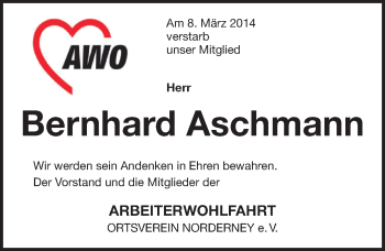 Traueranzeige von Bernhard Aschmann von Ostfriesischer Kurier
